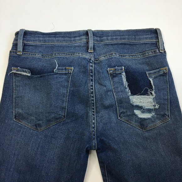 FRAME Le Skinny De Jeanne Knickerson Wash Raw Hem Logo Hardware Distressed Jeans - Picture 11 of 14